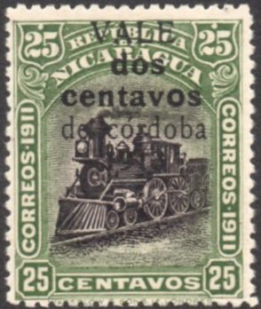 Nicaragua stamps 1913 surcharges Locomotive 2c/25c variety round 'o' in 'centavos'  